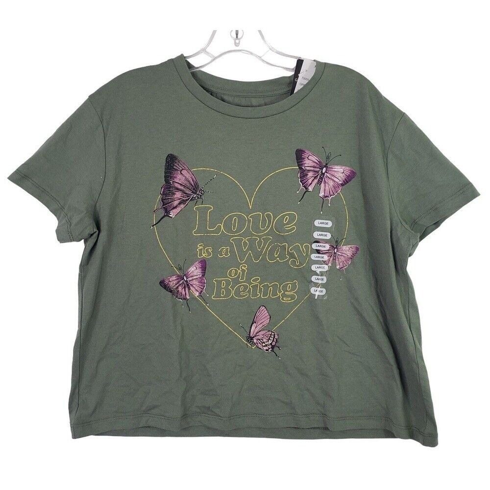 Grayson Threads Butterfly Graphic T-Shirt Love is a Way Being Green Cropped Sz L